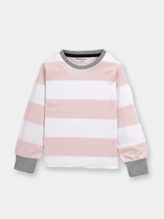 Full sleeve red, black & pink stripe patterns in white cuff t-shirt combo for baby