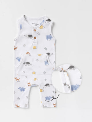 Sleeveless white & graphic pattern dungaree for baby girls