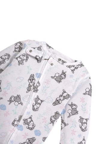 Full sleeve pure white & grey rabbit pattern zipper sleepsuit with cap  for baby