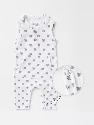 Sleeveless grey teddy pattern in white dungaree for baby