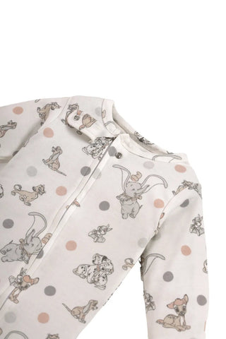 Full sleeve dotted & elephant pattern in cream zipper sleepsuit with cap for baby - Kidulan