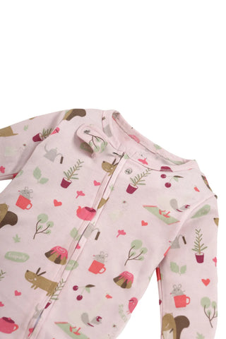 Full sleeve graphic pattern in pink zipper sleepsuit with cap  for baby
