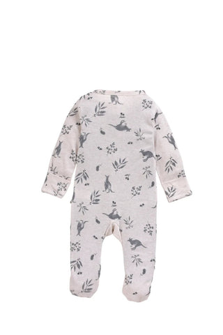 Full sleeve grey leaf pattern in cream zipper sleepsuit with cap for baby - Kidulan