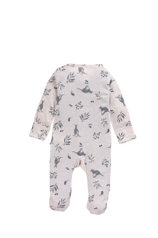 Full sleeve grey leaf pattern in cream zipper sleepsuit with cap  for baby
