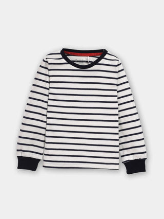 Full sleeve black stripe pattern in white & blue denim shorts & cuff t-shirt set for baby
