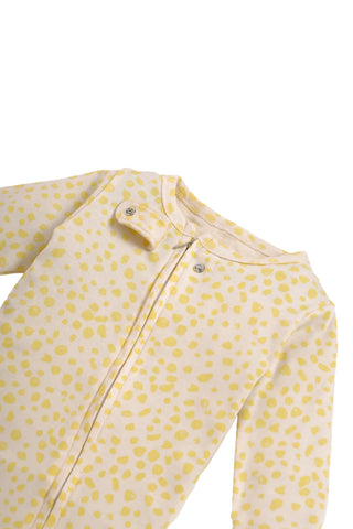 Full sleeve yellow patterns in white zipper sleepsuit with cap for baby