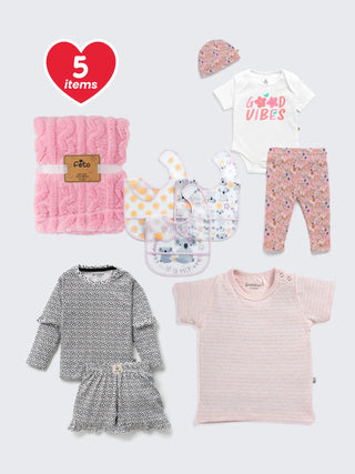 5 - piece Baby Girl Gifting Bundle – Clothes, Bibs & Blanket Combo - Kidulan