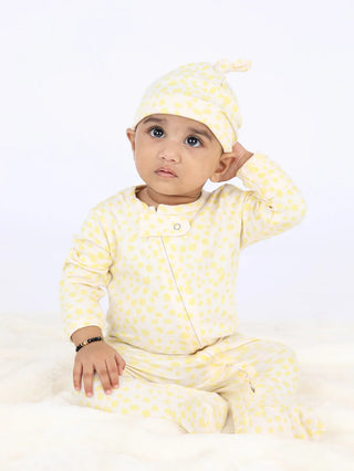 Full sleeve yellow patterns in white zipper sleepsuit with cap for baby - Kidulan