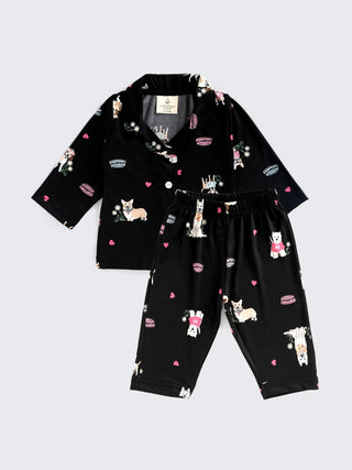 Dog Print Full Sleeves Nightwear Set – Black - Kidulan