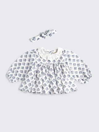 Vintage Floral Frock with Lace Collar & Bow Headband
