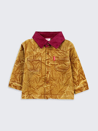 Boys Crinkled Golden Shirt with Red Corduroy Collar
