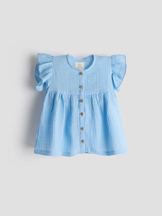 Baby Girl Organic Cotton Muslin Frill Top – Sky Blue - Kidulan