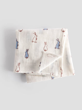Organic Cotton Muslin Swaddle Blanket - Bunny Print - Kidulan