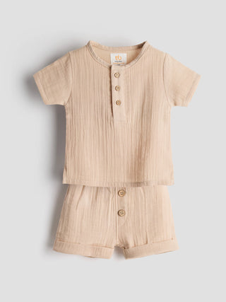 Unisex Baby Beige Organic Cotton Muslin Co - Ord Set - Kidulan