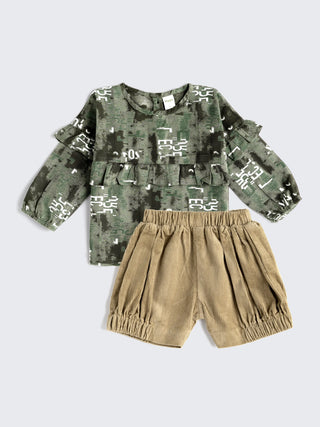 Olive color Top & Corduroy Shorts Set