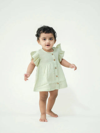 Organic Cotton Olive Flutter Sleeve Baby Dress - Kidulan