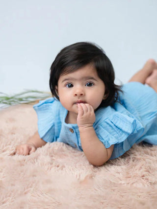 Baby Girl Organic Cotton Muslin Frill Top – Sky Blue - Kidulan