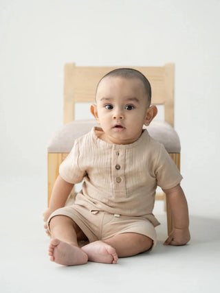 Unisex Baby Beige Organic Cotton Muslin Co - Ord Set - Kidulan