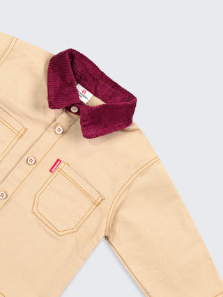 Beige Shirt with Graphic Back & Corduroy Collar