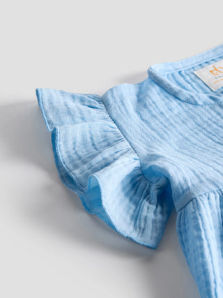 Baby Girl Organic Cotton Muslin Frill Top – Sky Blue - Kidulan