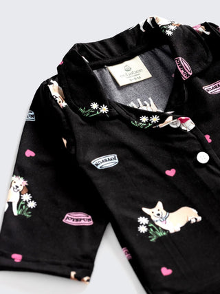 Dog Print Full Sleeves Nightwear Set – Black - Kidulan