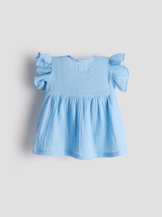 Baby Girl Organic Cotton Muslin Frill Top – Sky Blue - Kidulan