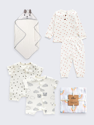 Essential Newborn Baby Kit – Pajama Set, 2 Rompers, Bear Hooded Towel & Muslin Swaddle - Kidulan