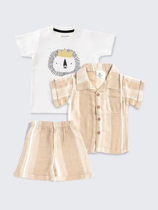 Chic Summer Combo – 3 - Piece Shirt, Shorts & Lion Graphic Tee Set for Boys - Kidulan