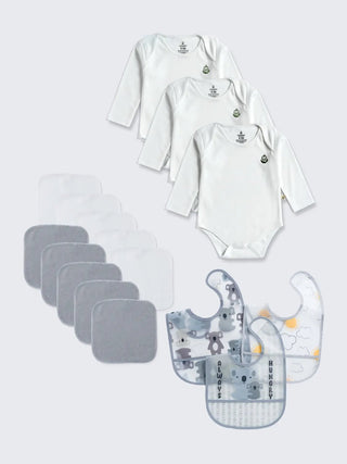 Baby Must - Have Essentials Pack – White Bodysuits, Washcloths & Waterproof Bibs - Kidulan