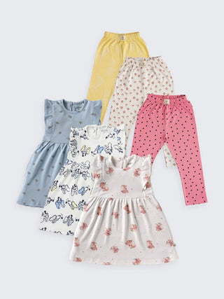 Girls' 3 Sleeveless Frocks with 3 Printed Leggings Combo Pack - Kidulan