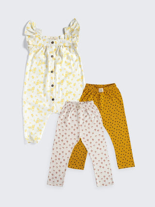 Baby Girl Ruffle Jumpsuit with 2 Printed Leggings Combo - Kidulan