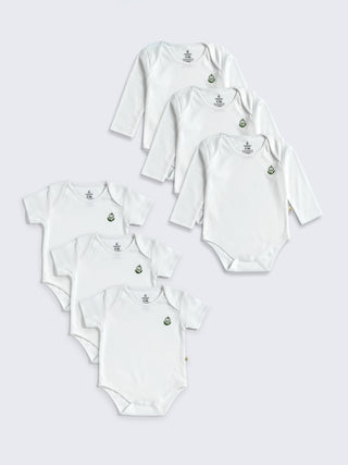 6 - Piece Essential White Bodysuit Combo – Long & Short Sleeves - Kidulan