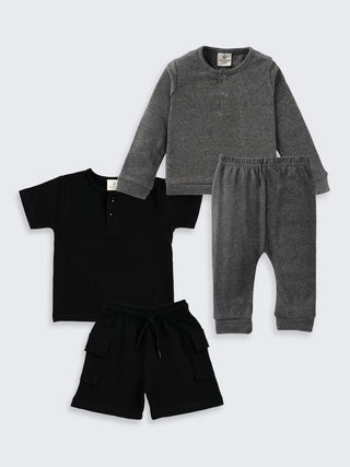 Henley Style 4 - Piece Boys Combo Set – Tee, Sweatshirt, Joggers & Cargo Shorts - Kidulan