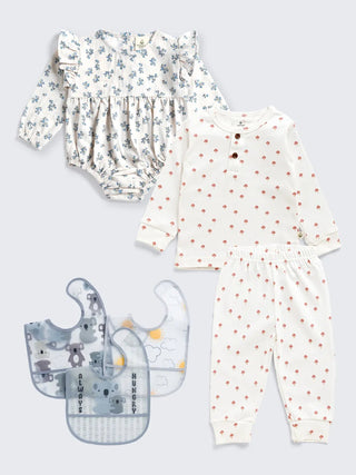 Baby Girl’s Picnic - Ready Combo with Bodysuit, Pajama Set & PEVA Bibs – 6 Pc Pack - Kidulan