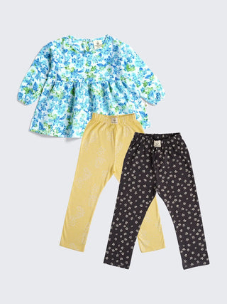 Floral Full Sleeve Frock with 2 Leggings Combo for Girls - Kidulan