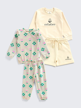 Girls’ 4 Pc Stylish Sweatshirt, Shorts & Floral Jogger Combo Set - Kidulan