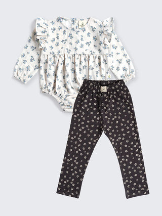 Baby Girl Floral Long Sleeve Bodysuit with Leggings Set - Kidulan