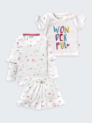Girls’ Starry Skirt Set with “Wonderful” Graphic Tee – 3 Pc - Kidulan
