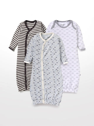 Full sleeve heart pattern in cyan, grey sky pattern in white & brown stripes in white sleeping gown combo for baby - Kidulan