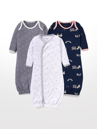 Full sleeve graphic pattern in grey, white and navy blue sleeping gown combo for baby - Kidulan