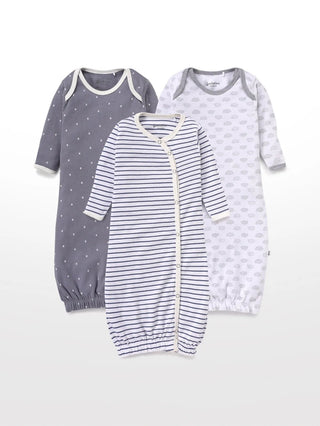 Full sleeve white dot pattern in grey, black, white & sky pattern in white sleeping gown combo for baby - Kidulan