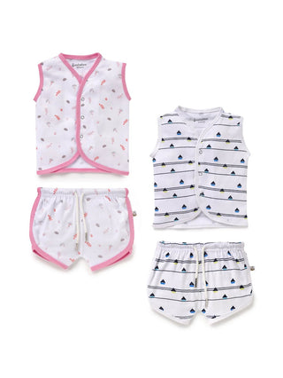 Sleeveless pink & orange leaf pattern in white, black stripes pattern in white jabla set combo for baby - Kidulan