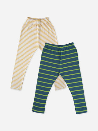 Green, yellow stripe pattern in white & blue leggings combo for baby girl - Kidulan