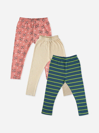 Blue & green stripe pattern, yellow stripe pattern in white & heart pattern in pink leggings combo for baby girl - Kidulan