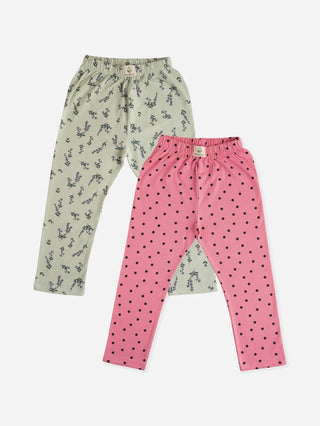 Lavender flower pattern in green & polka dot pattern in pink leggings combo for baby girl - Kidulan