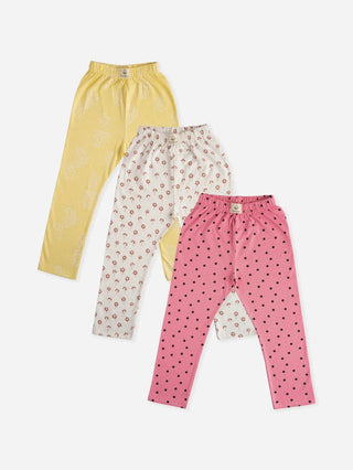 Black dot pattern in pink, flower pattern in white & graphic pattern in yellow leggings combo for baby girl  - Kidulan