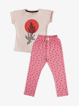 Half sleeve black dot pattern in pink t-shirt with leggings for baby girls - Kidulan