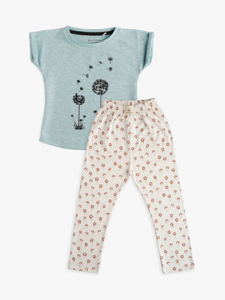 Half sleeve cyan & brown pattern in white t-shirt with leggings for baby girls - Kidulan