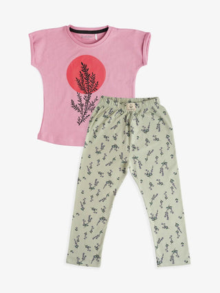 Half sleeve pink & lavender flower pattern in green t-shirt with leggings for baby girls - Kidulan