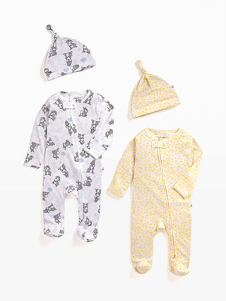 Full sleeve white & grey rabbit pattern ,cream & yellow dot zipper sleepsuit with cap combo for baby - Kidulan